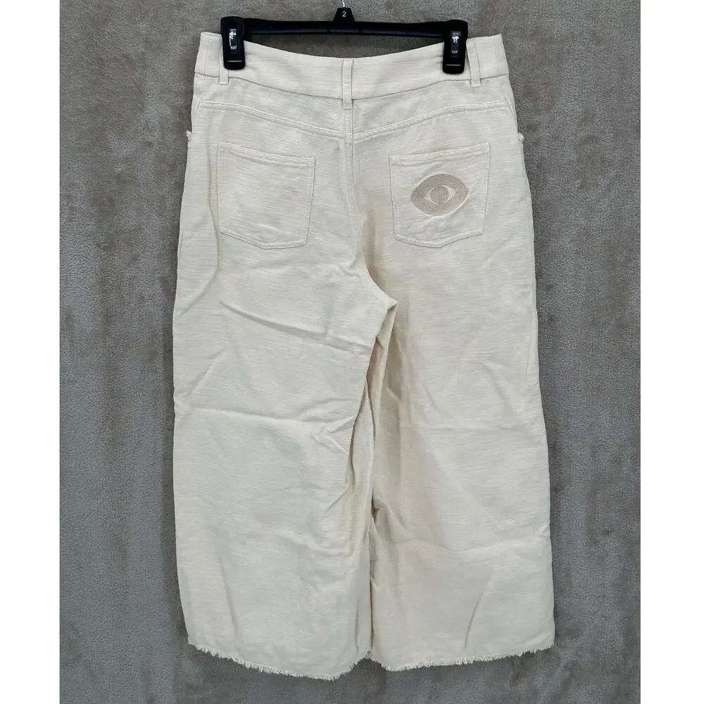 Arje Jeans Women 6 Antique Ivory Wide Leg Crop Boho Festival 100% Cotton Italian